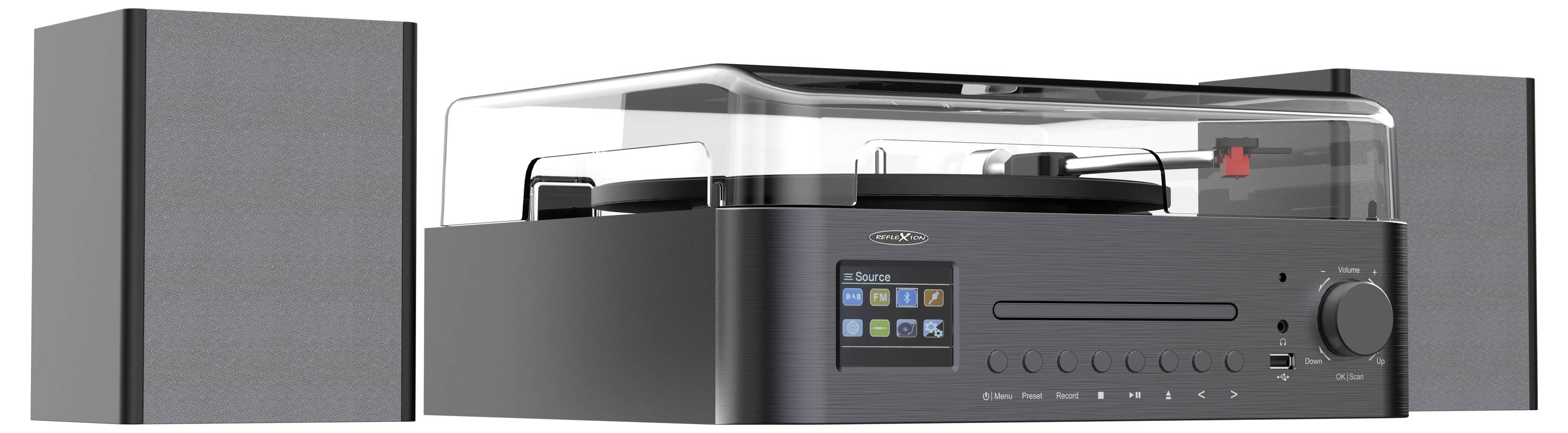 A modern stereo system with a turntable, two speakers, and a digital display on the front showing music playback options.