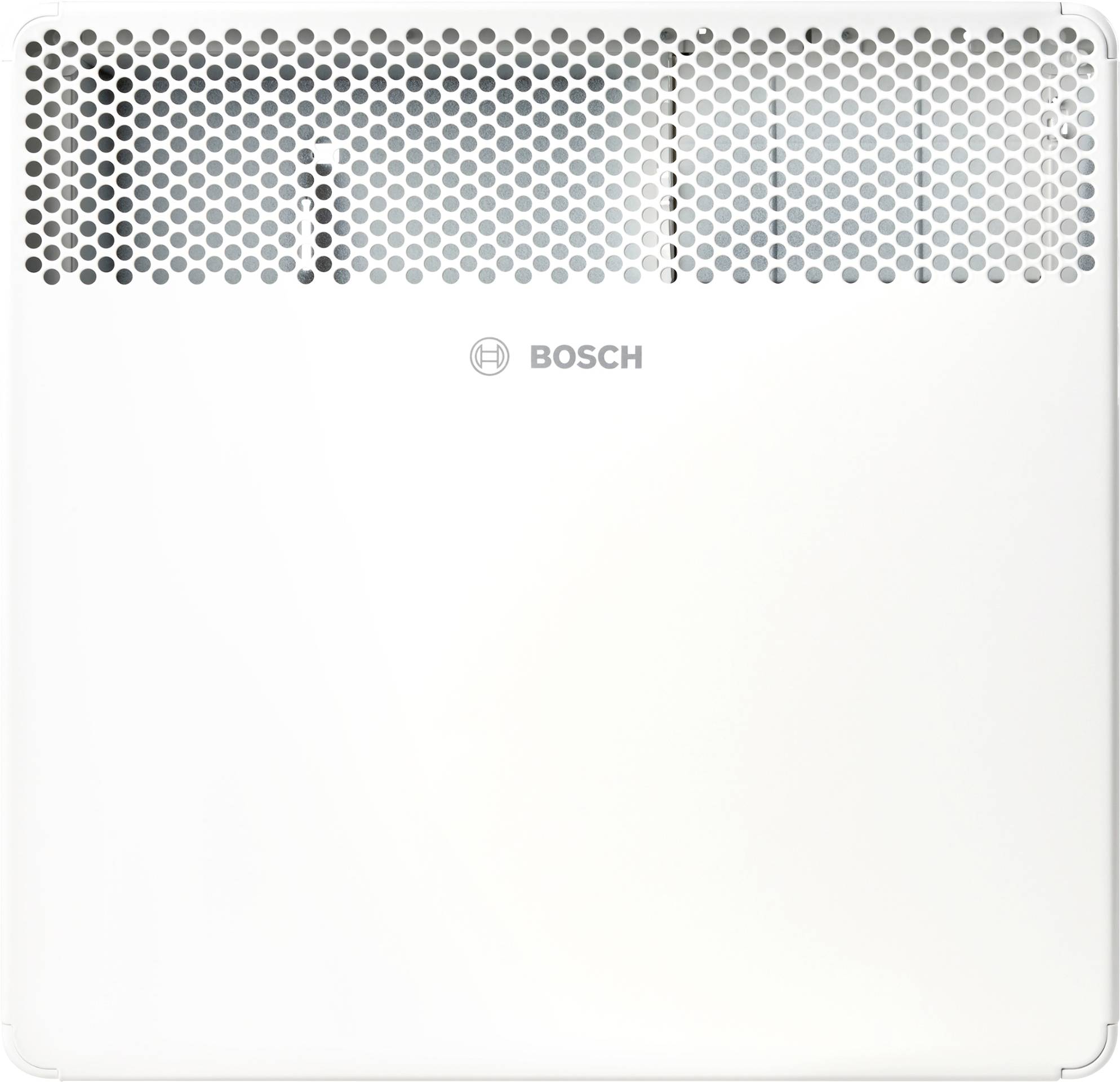 A white Bosch heater with a patterned ventilation grille on the upper part, displaying the Bosch logo in the center.