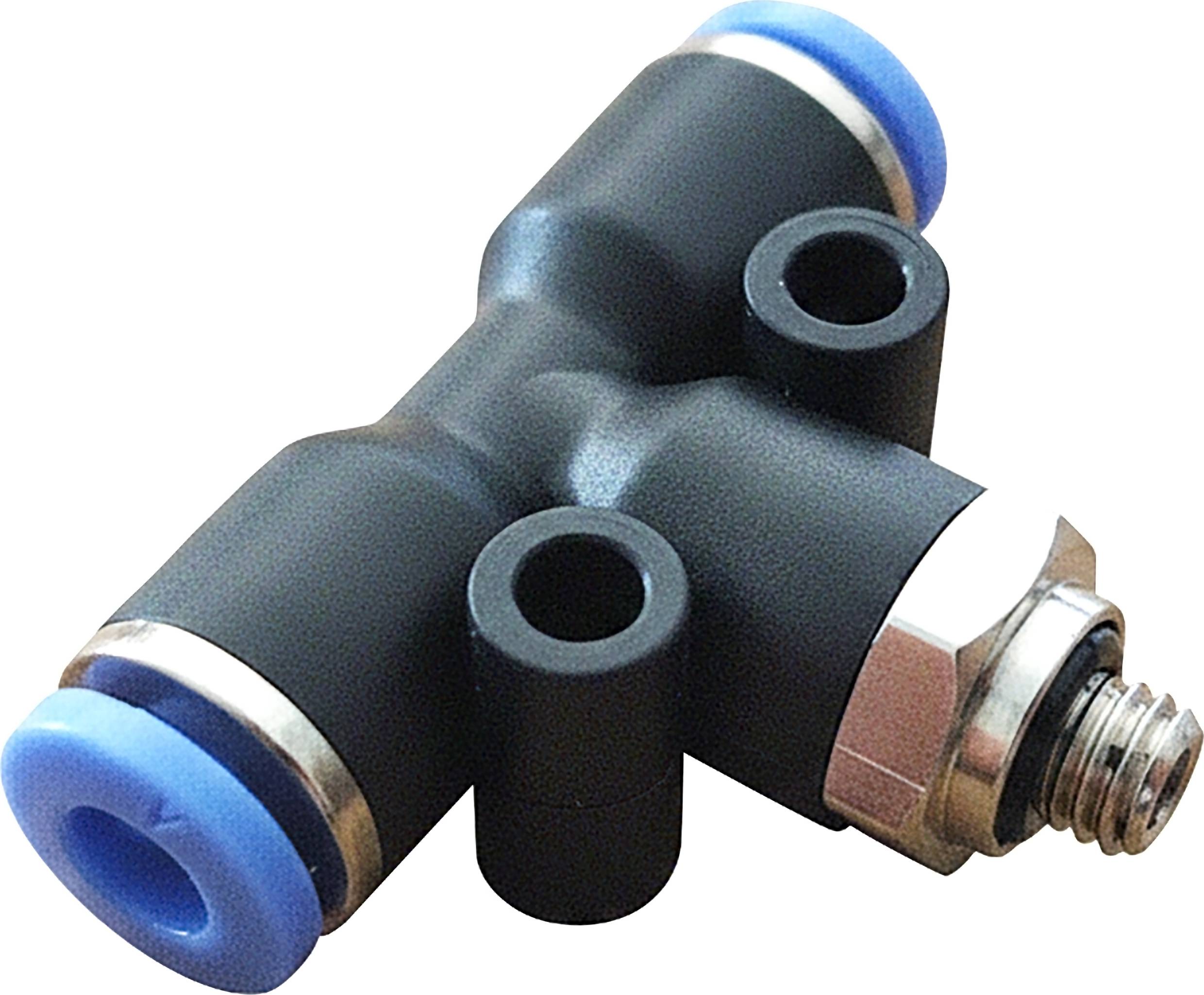 A black and blue T-shaped pneumatic fitting with a threaded metal end, used for connecting air lines in industrial applications.
