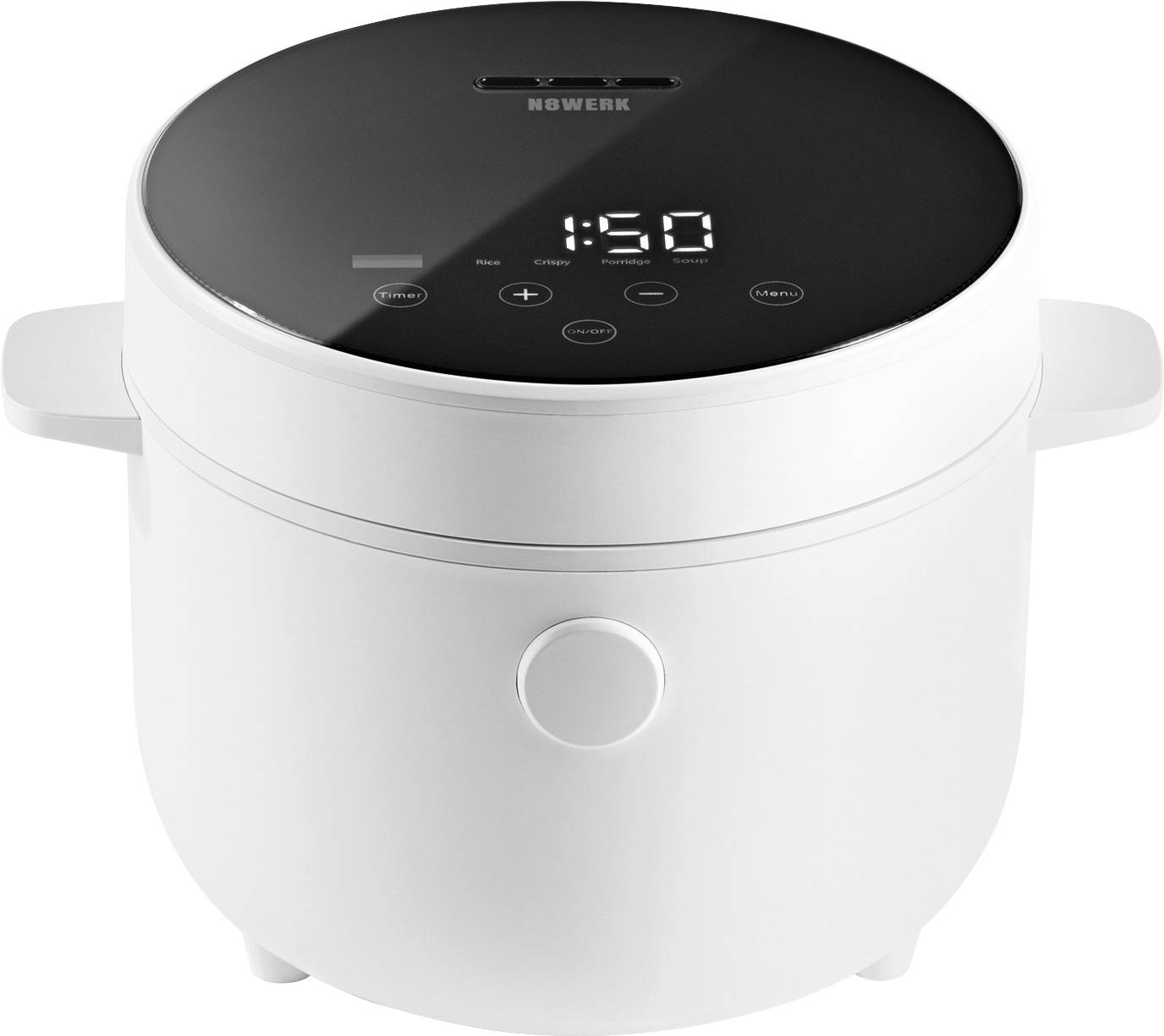 Modern white electric rice cooker with digital display showing '1:50' minutes, located on top. Features two side handles.