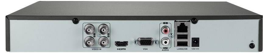 Rear view of an electronic device showing various ports: four BNC connectors, HDMI, VGA, audio input, LAN, and two USB ports.