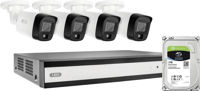 Four security cameras, a DVR unit, and a 1TB hard drive are pictured. The setup is intended for video surveillance and storage.