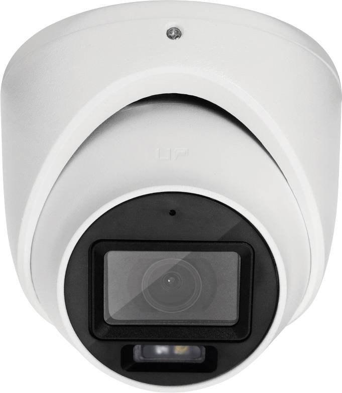 A white security camera with a dome-shaped casing mounted on a ceiling, designed for surveillance and monitoring.