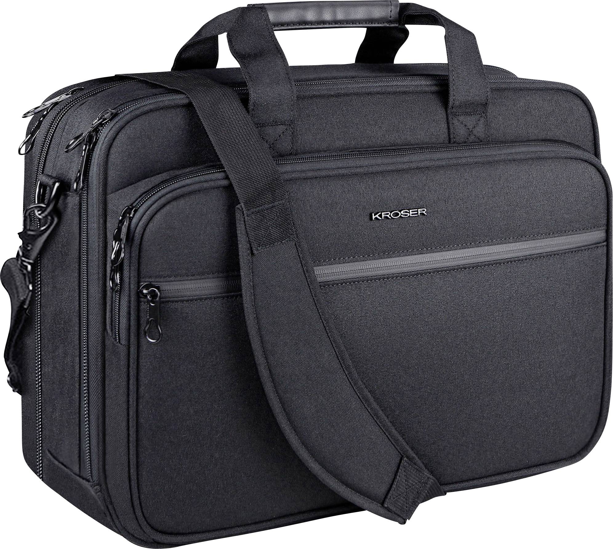 Black laptop bag with multiple compartments and a shoulder strap, designed for carrying electronic devices and accessories.