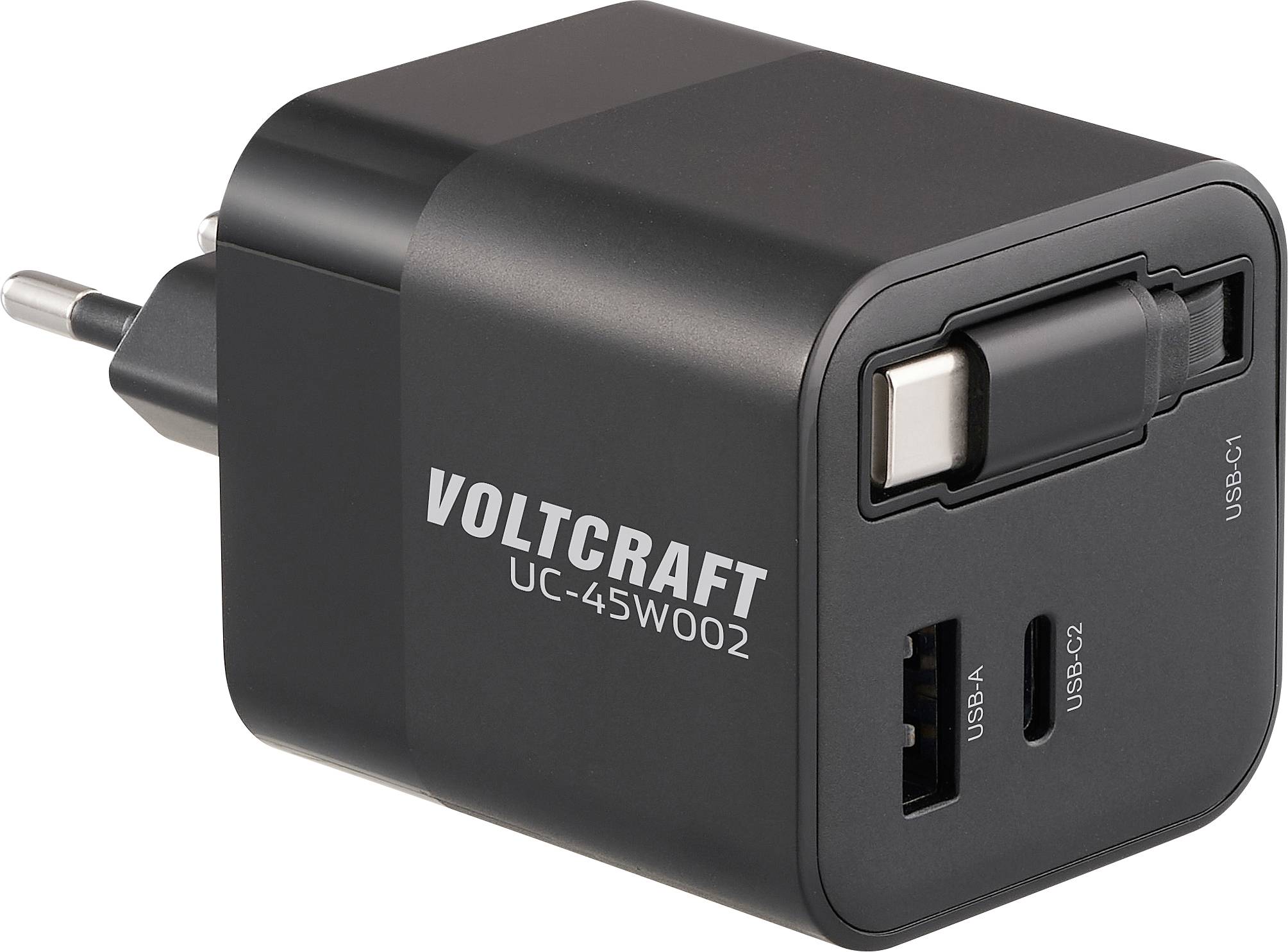 A black Voltcraft UC-45W002 charger with USB-A, USB-C1, and USB-C2 ports is shown, suitable for various devices.