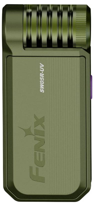A green Fenix brand flashlight, model 'SW05R-UV', with a textured grip and cylindrical head, suitable for UV light use.