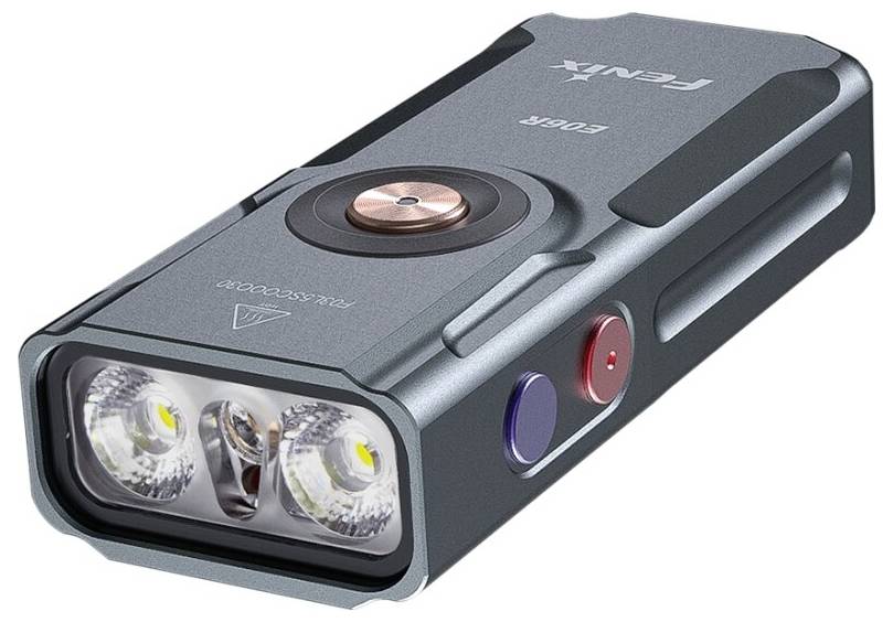 A rectangular flashlight with three LED lights, branded 'FENIX LD60R', featuring power and mode buttons, sleek metallic design.