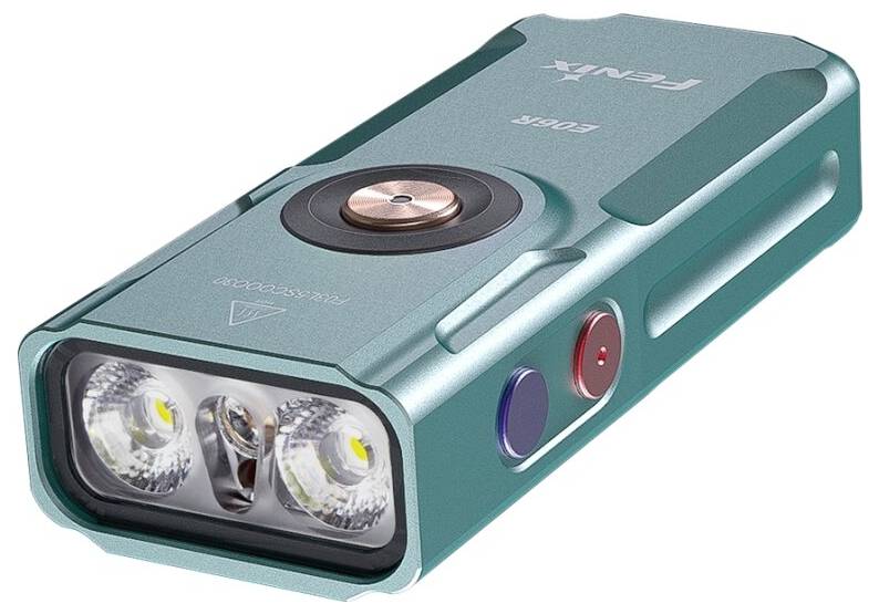 A teal flashlight with three LED bulbs, labeled 'Fenix E03R,' features a round copper button and two smaller red and blue buttons.
