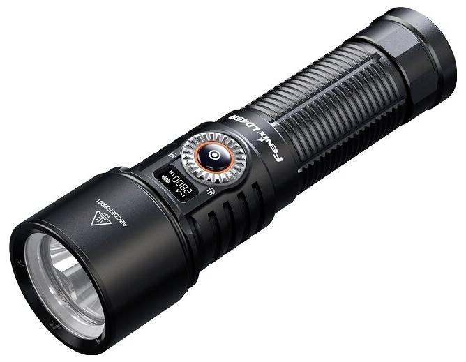 A black handheld flashlight with a textured grip, circular red power button, and wide lens, branded with 'Fenix' and a digital display.