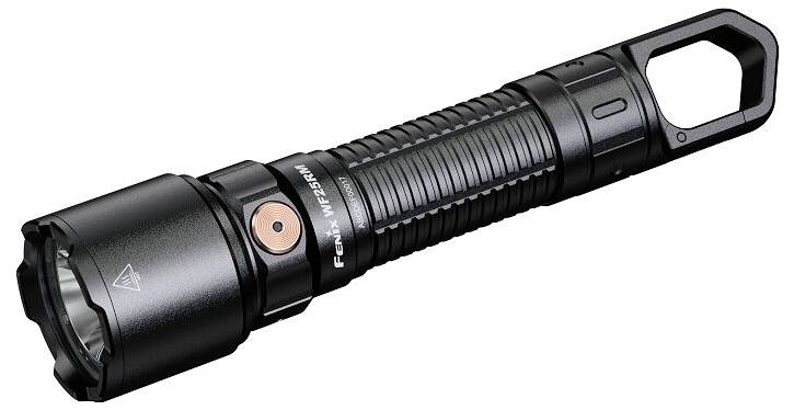 A black flashlight with a textured grip and a large head, featuring a button on its side and a rectangular loop at the end for attaching a strap.
