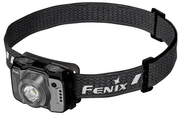 A black adjustable headlamp with a prominent LED light in the center, branded with 'Fenix' on the headband, designed for outdoor use.