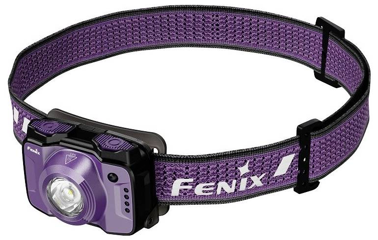 Purple headlamp with adjustable strap and LED light, branded 'Fenix', designed for hands-free illumination during outdoor activities.