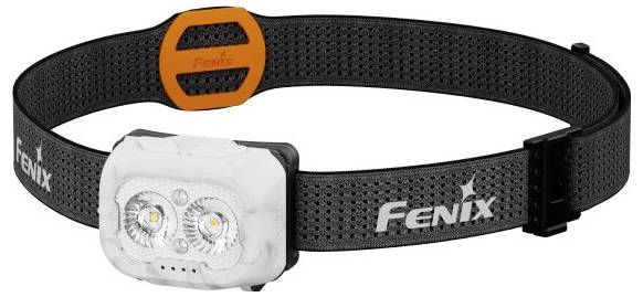 A headlamp with dual LED lights on an adjustable black strap, featuring 'Fenix' logo. Designed for hands-free illumination.