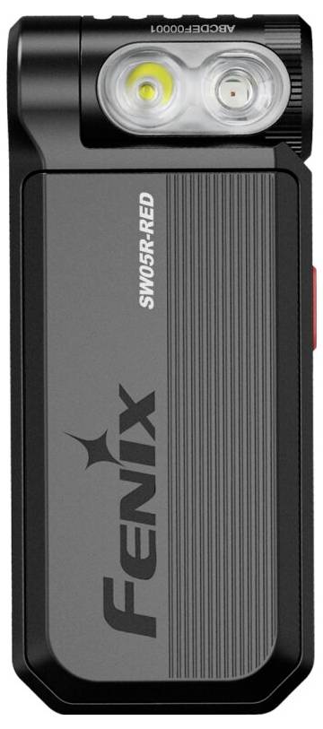 A compact black and gray Fenix flashlight with two lenses and a textured grip, labeled 'FENIX SW05-RED' and 'AE03OE-0001'.