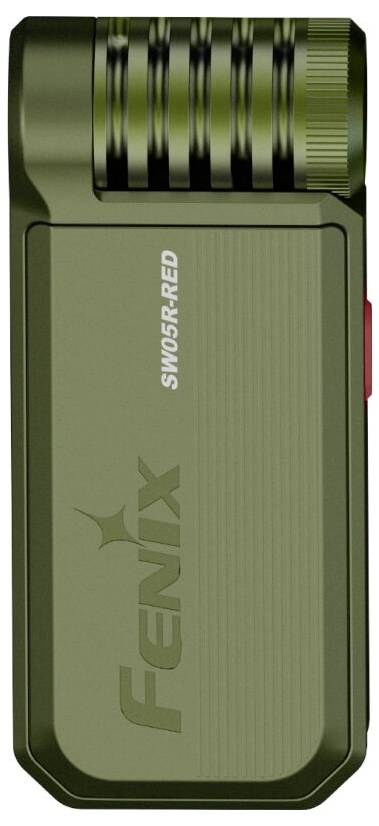 Olive green flashlight with textured grip and logo 'Fenix SW05R RED' on the side.