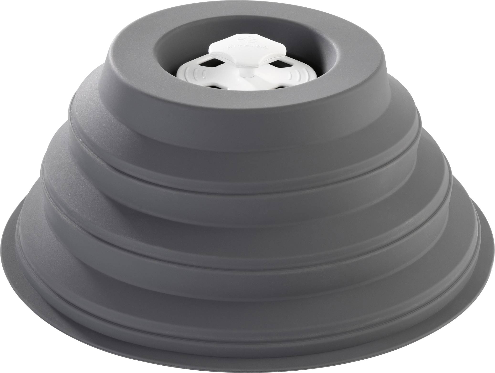 A gray, dome-shaped object with concentric rings and a white valve in the center, resembling a lid.