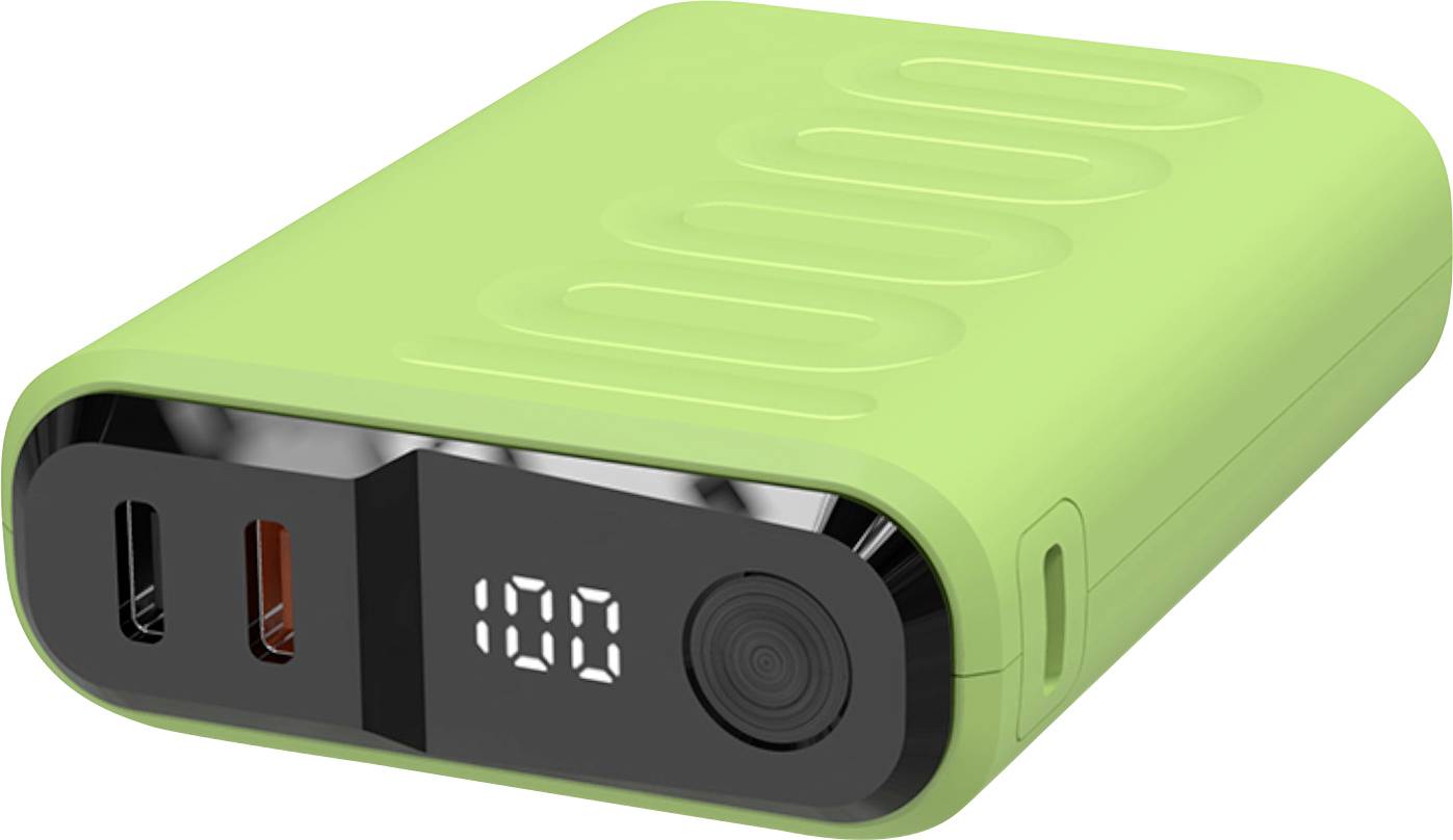 A green portable power bank with USB ports and a digital display showing '100', indicating full charge.