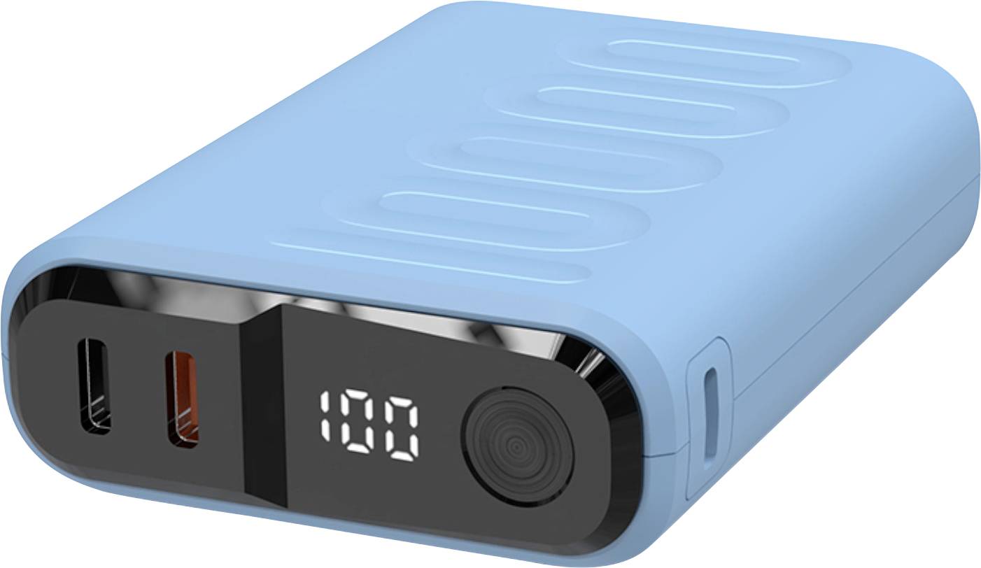 A blue portable power bank with a digital display showing '100'. Two USB ports on the side for charging devices.