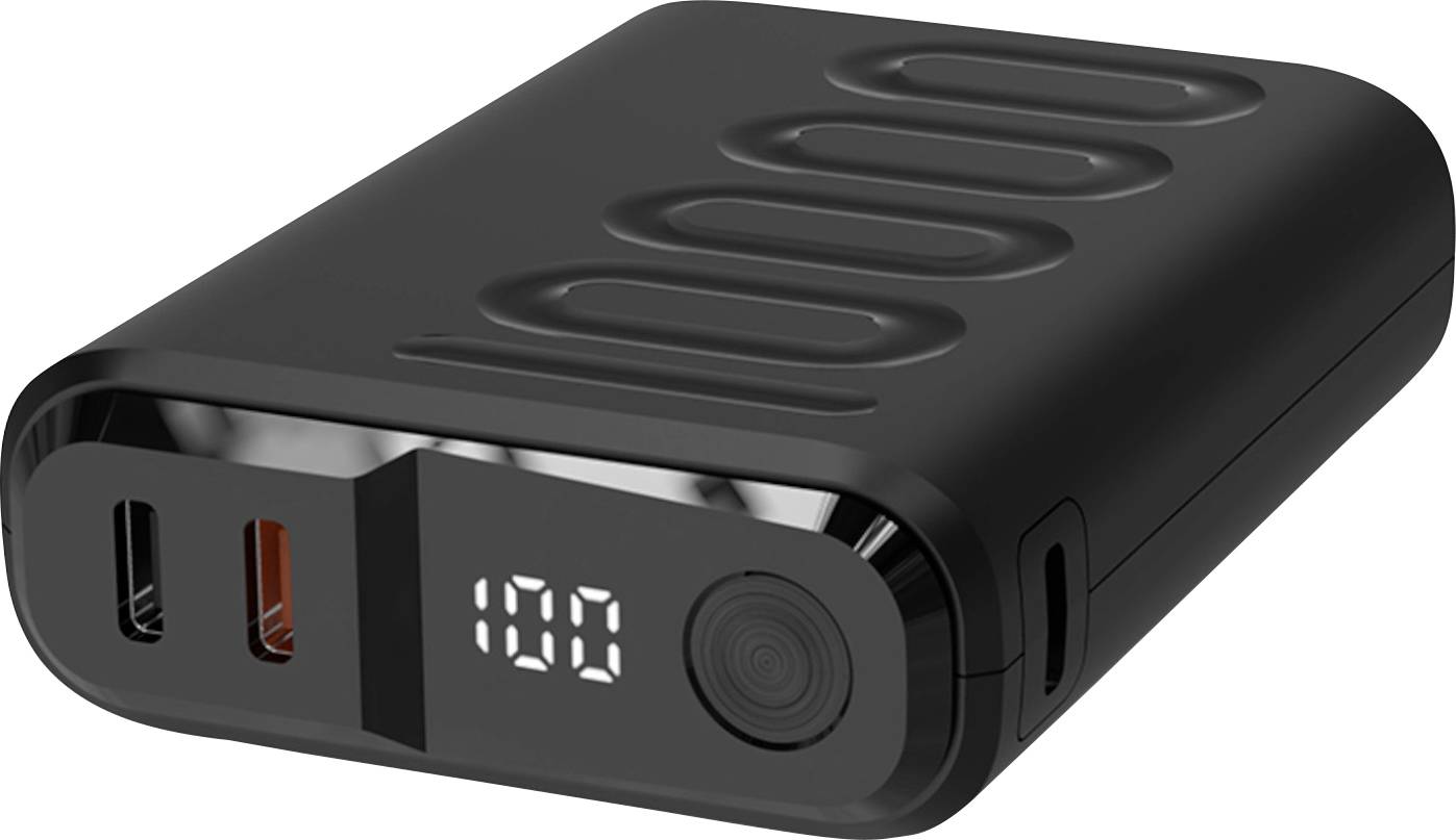 A black portable power bank featuring a digital display showing '100' and USB ports, designed for charging electronic devices on the go.