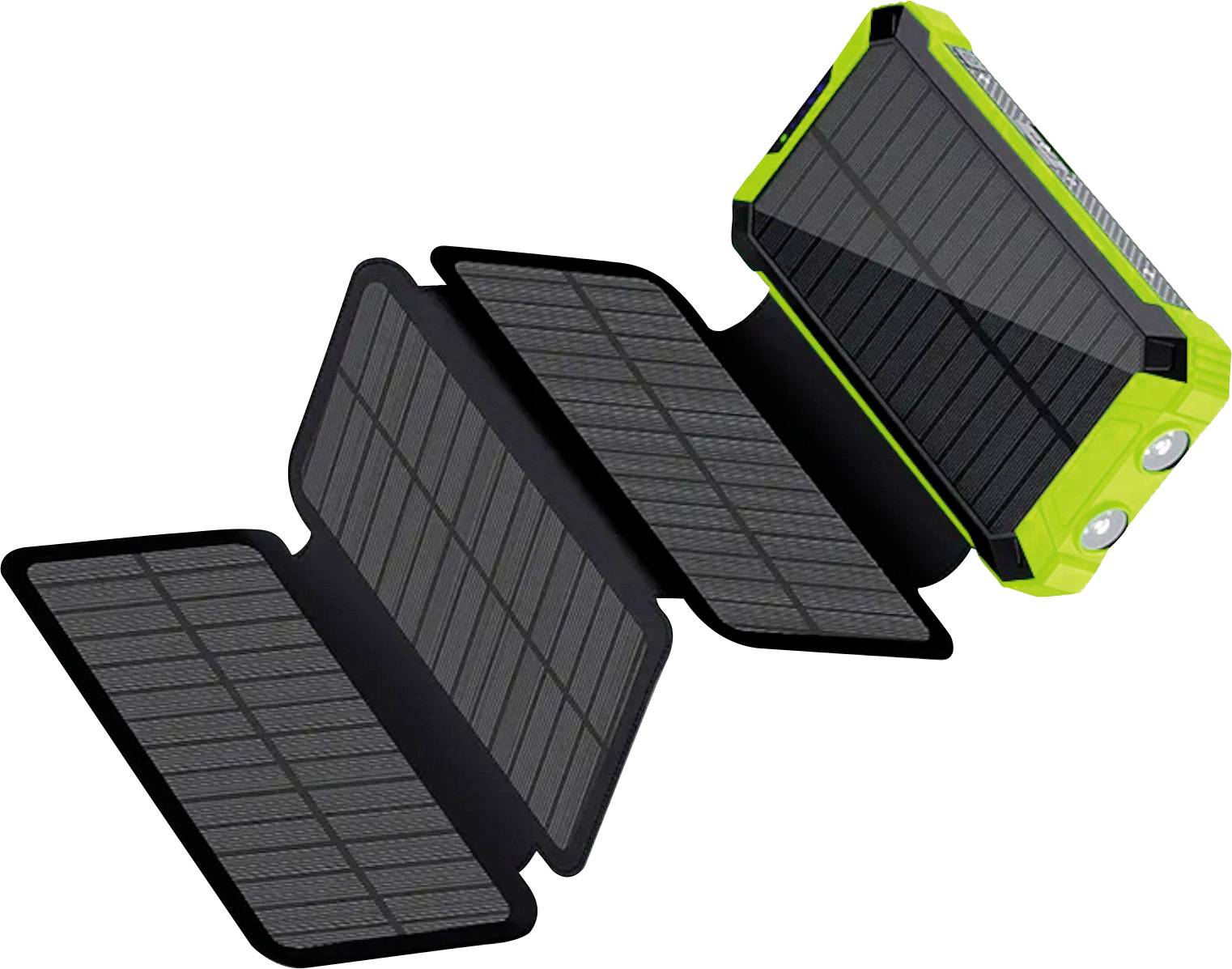 A foldable green solar charger with three black solar panels extended, designed for portable charging.
