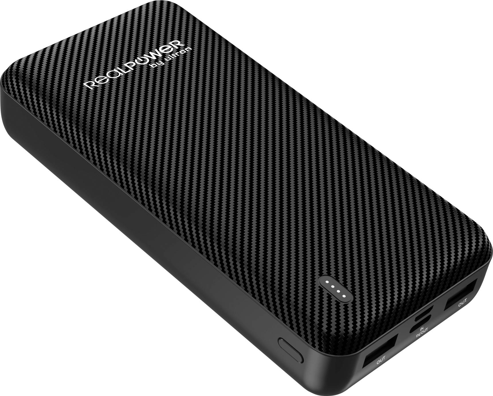 A black portable power bank with a carbon fiber texture labeled 'RealPower', showing a battery indicator and multiple charging ports.