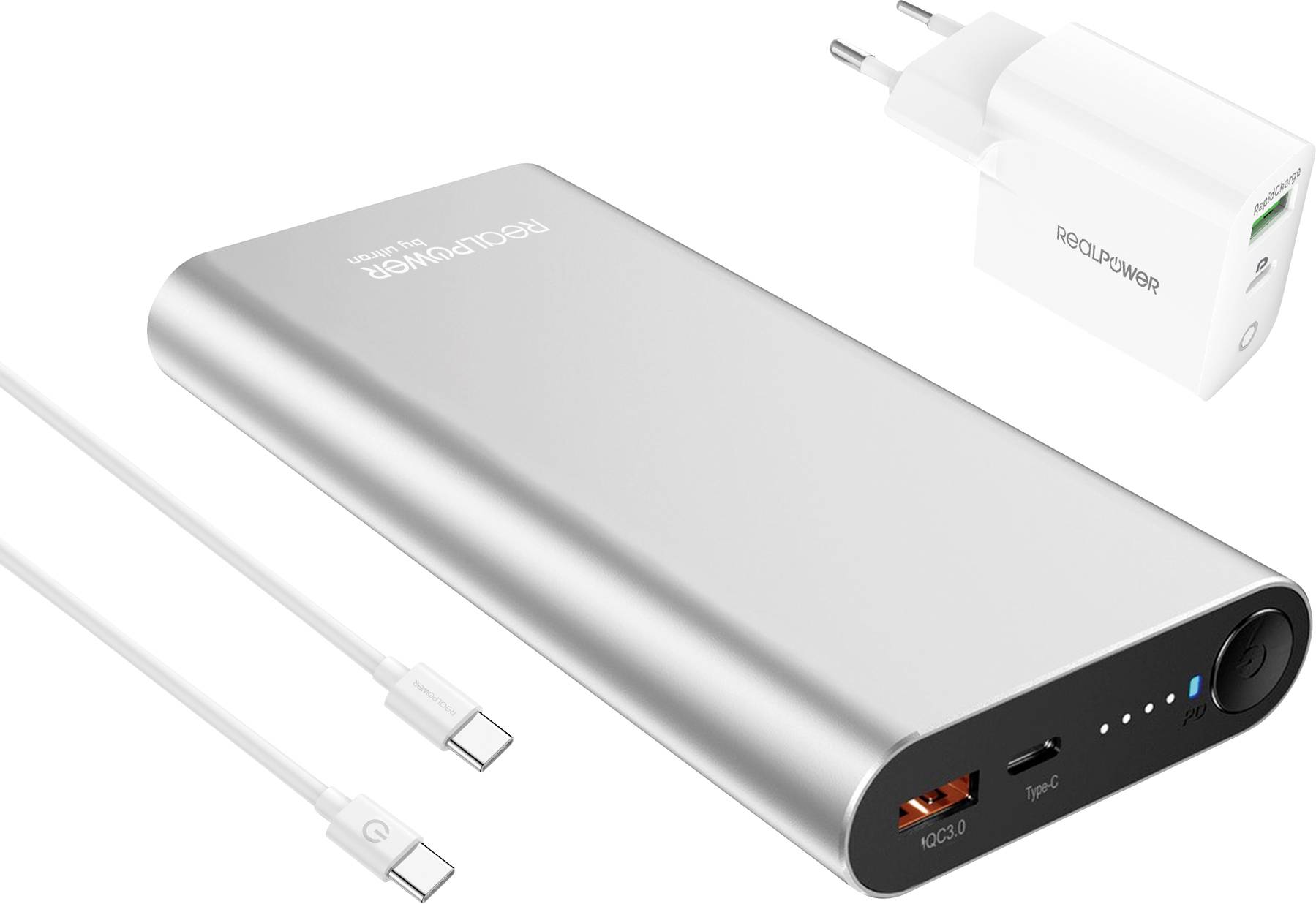 A silver power bank with LED indicators, USB and Type-C ports, and a white charging cable. A separate wall charger is included.
