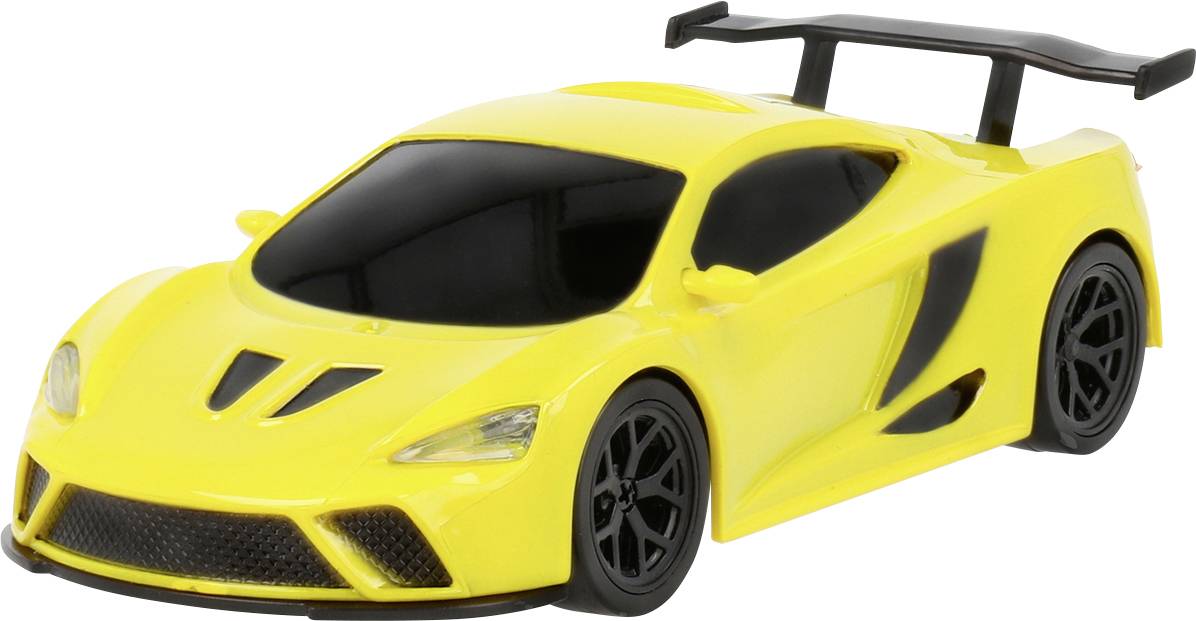 A bright yellow toy sports car with black tinted windows and a large rear spoiler, designed for children's play.