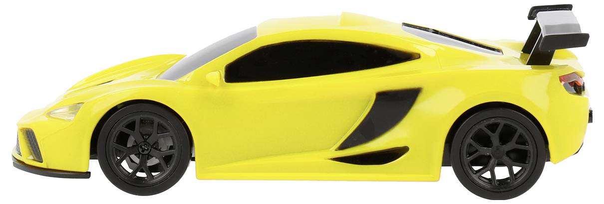 A yellow toy race car with black windows and a black rear spoiler, viewed from the side, on a white background.