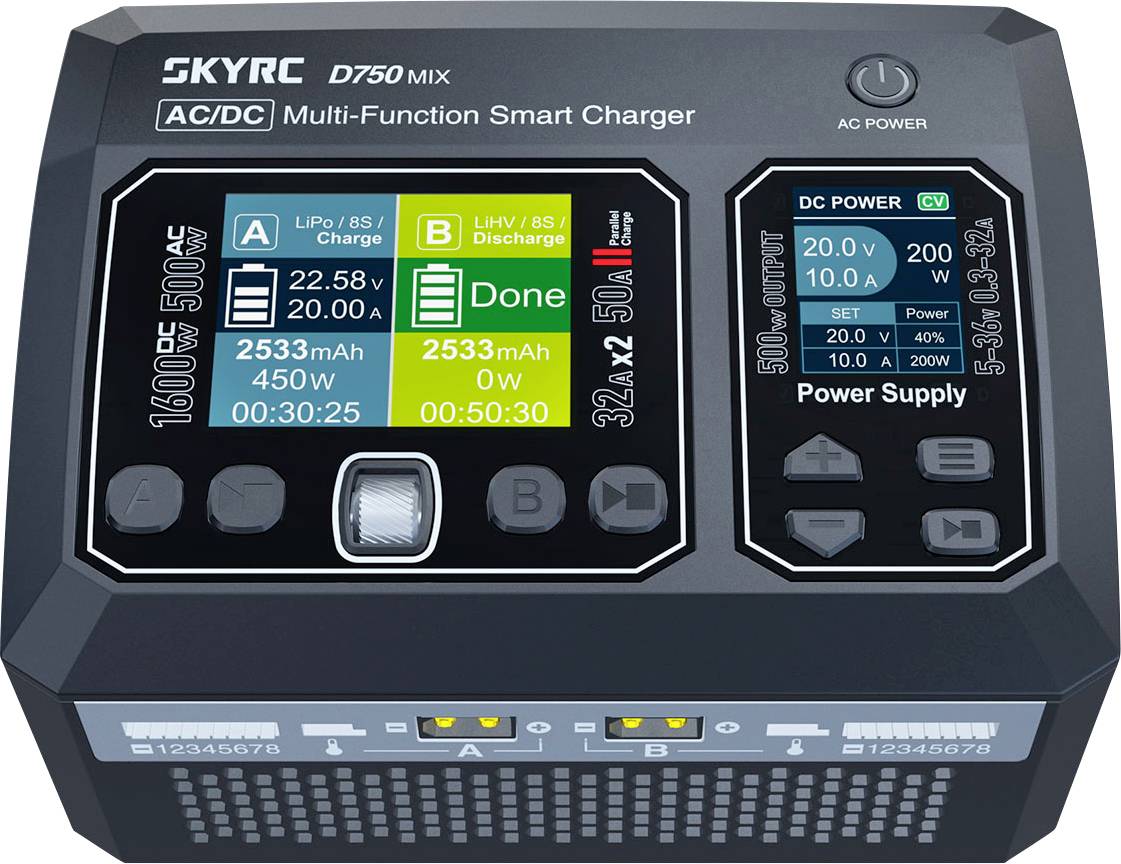 'SKYRC D750 MIX Multi-Function Smart Charger' screen displays battery charge statuses, voltages, and capacities for different channels.