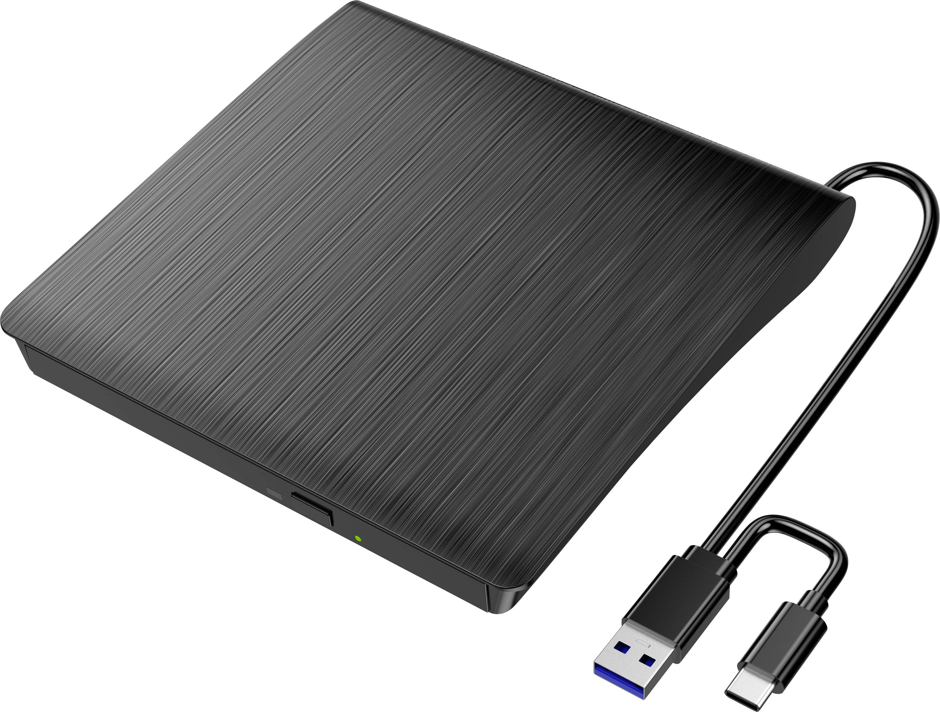 A black external CD/DVD drive with a USB cable and an additional USB-C adapter on a white background.
