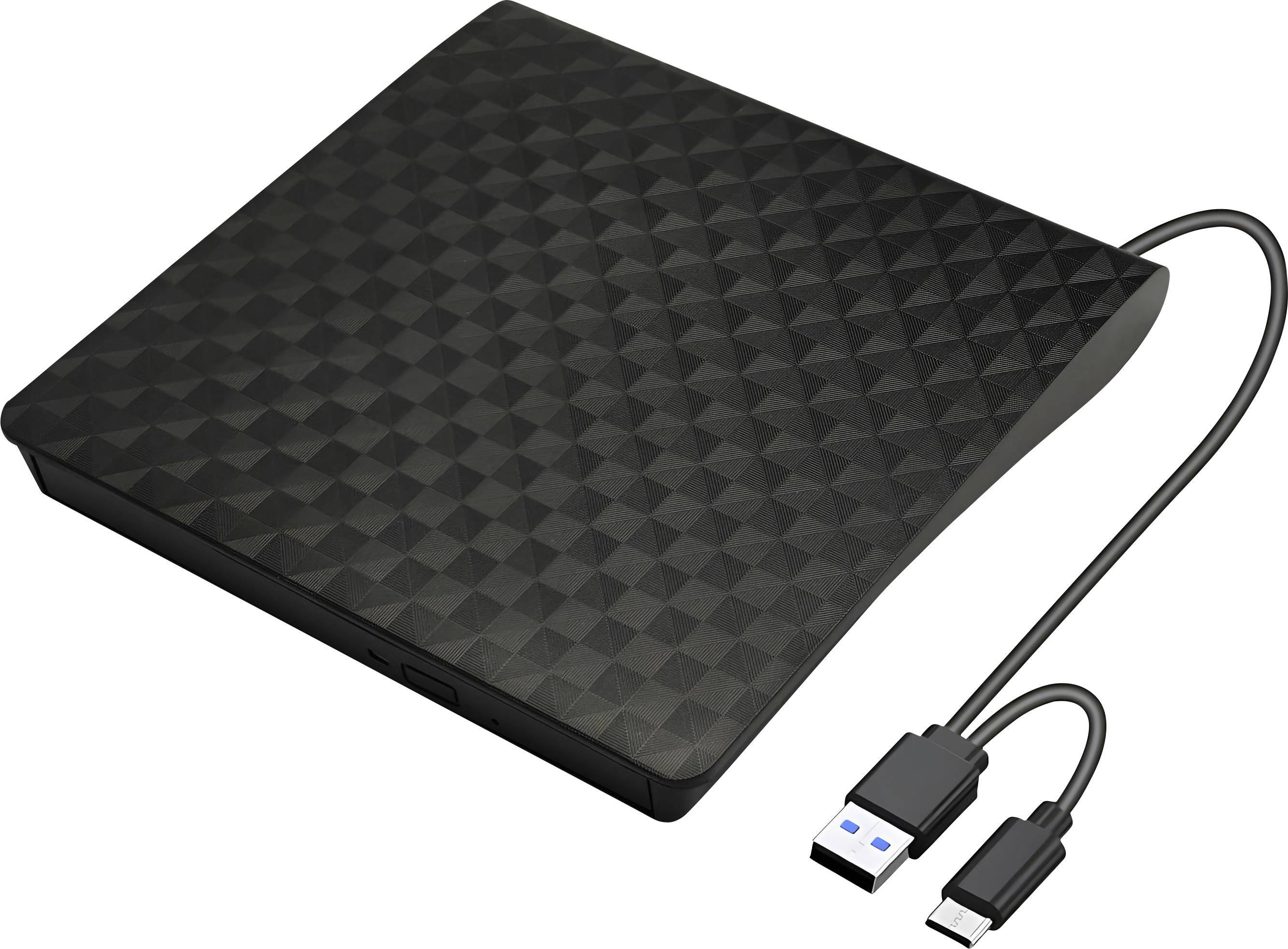 A slim, black external DVD drive with a textured surface and a dual USB connector cable for connecting to computers.