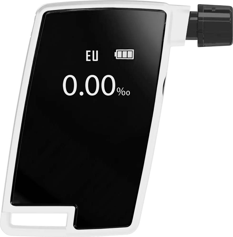 A breathalyzer device with a digital screen displaying 'EU' and '0.00%' indicating a zero alcohol level.