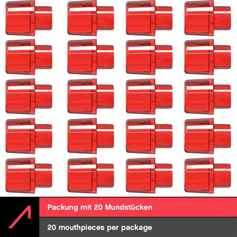 'Packung mit 20 Mundstücken' and '20 mouthpieces per package' text with a grid of 20 red, rectangular mouthpiece images.