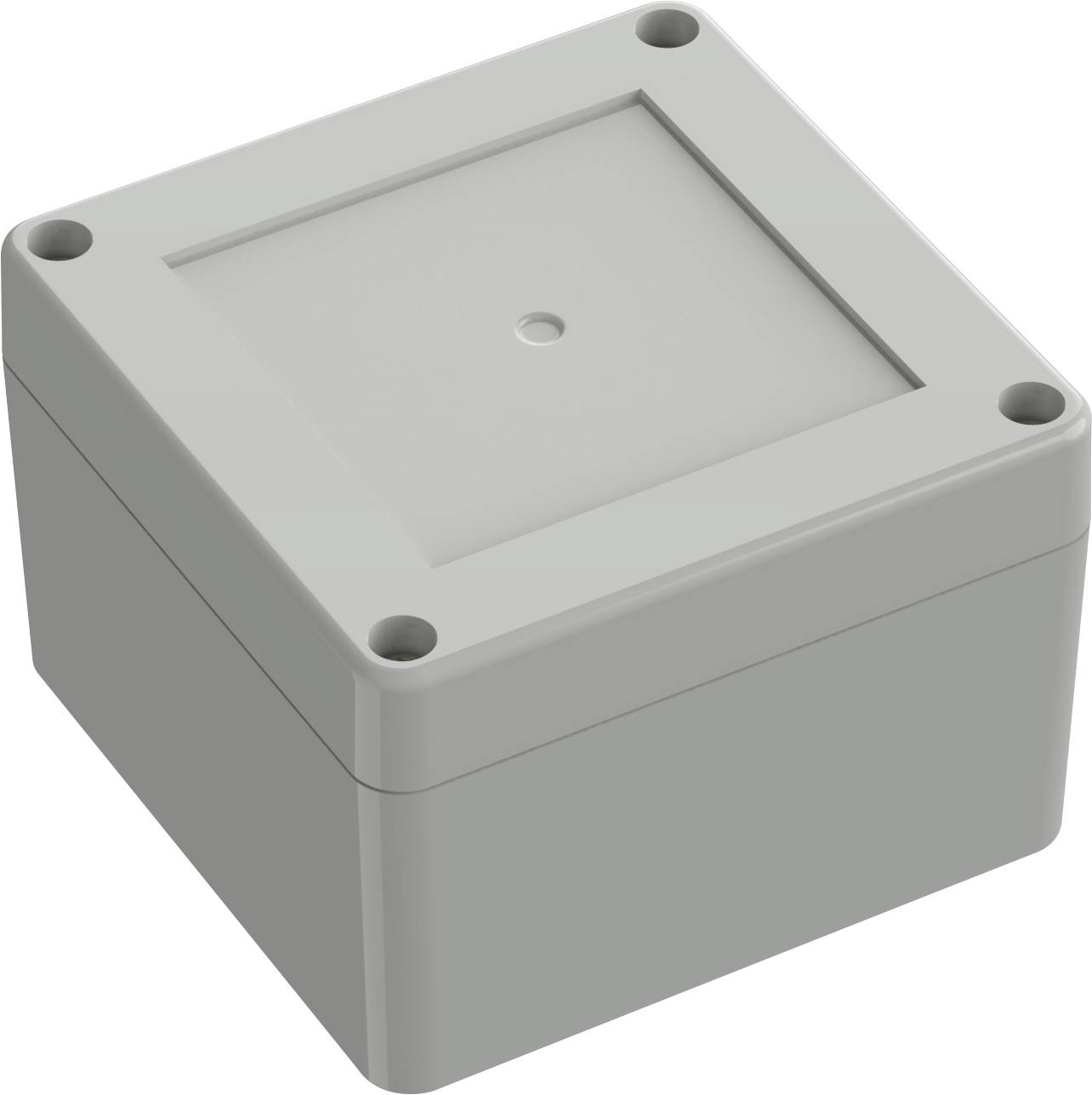 A small, square, gray, plastic electronic enclosure box with a slightly raised lid and four screw holes at the corners.