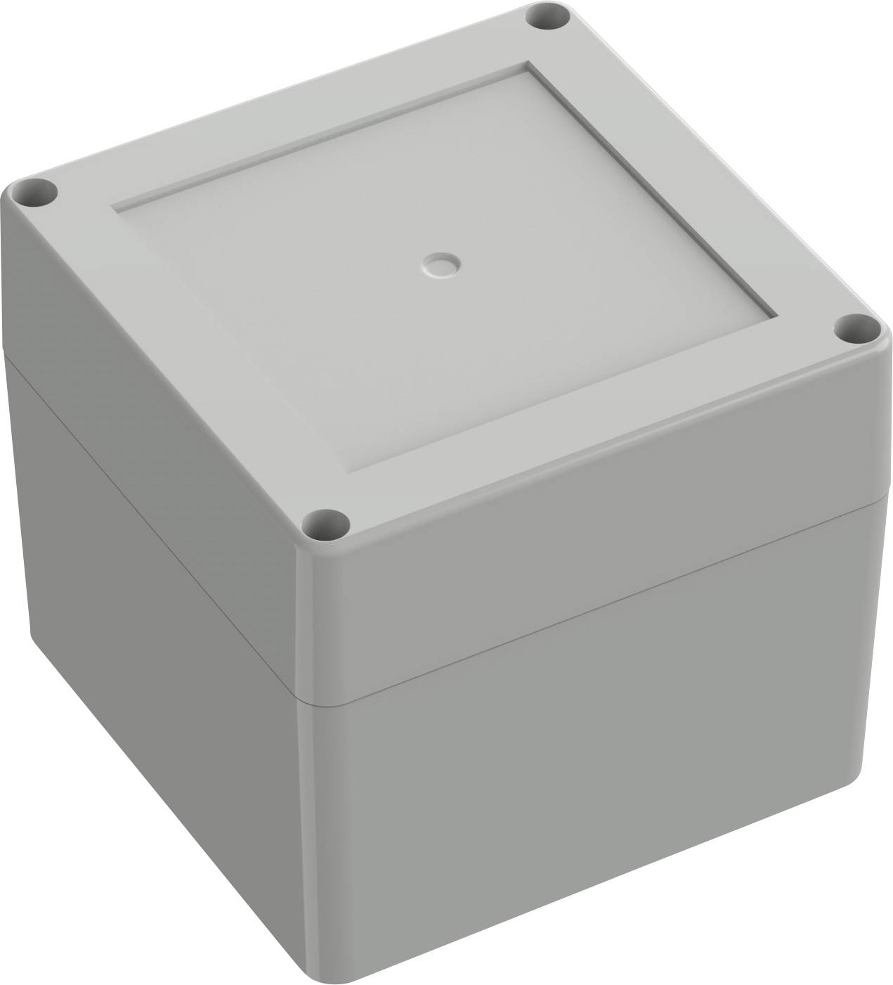 A grey, square, plastic enclosure with a removable lid, featuring four screw holes at the corners, used for housing small electronic components.
