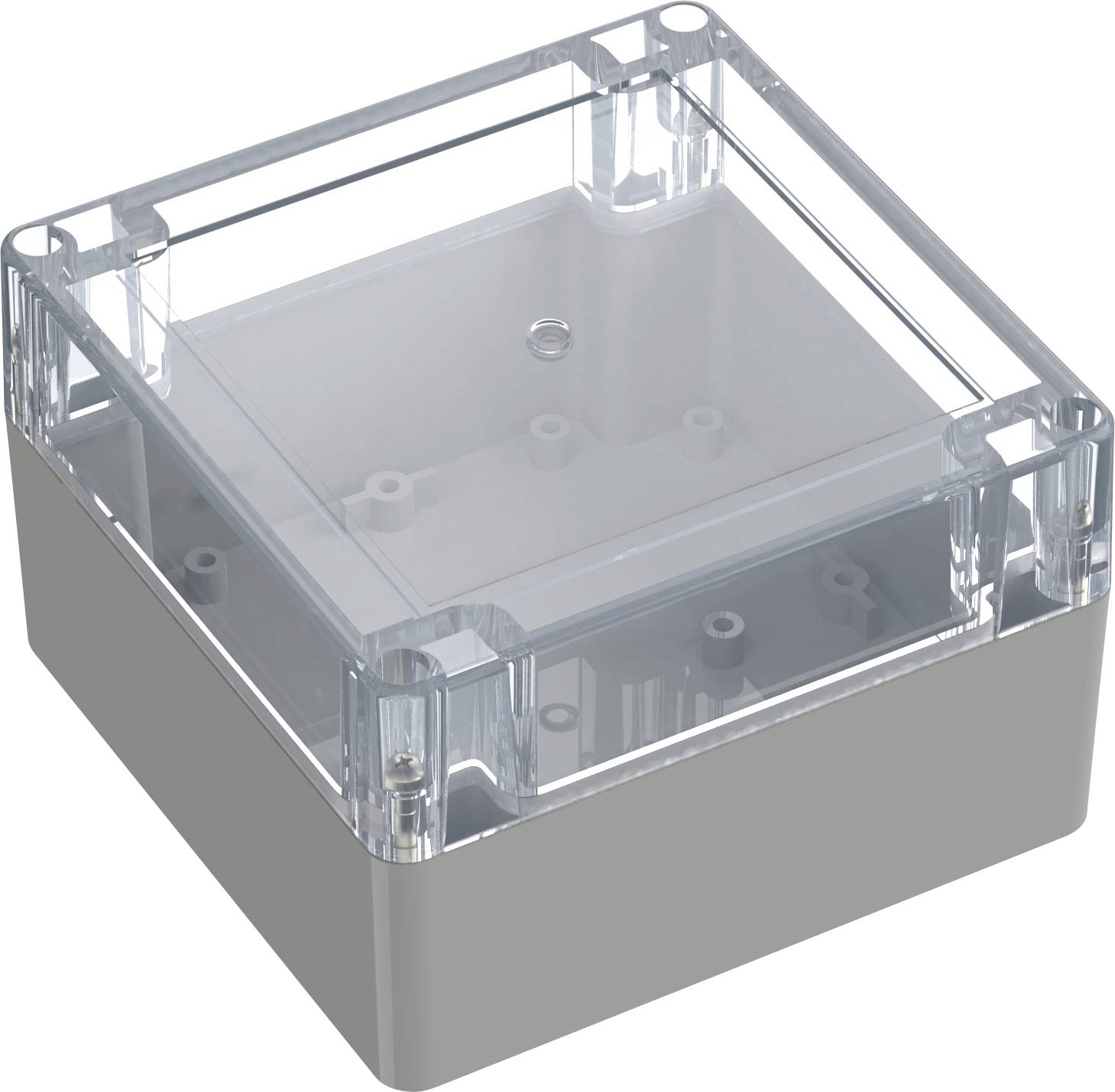 A clear, rectangular plastic box with a removable lid, showing internal compartments, used for organizing or storing small items.