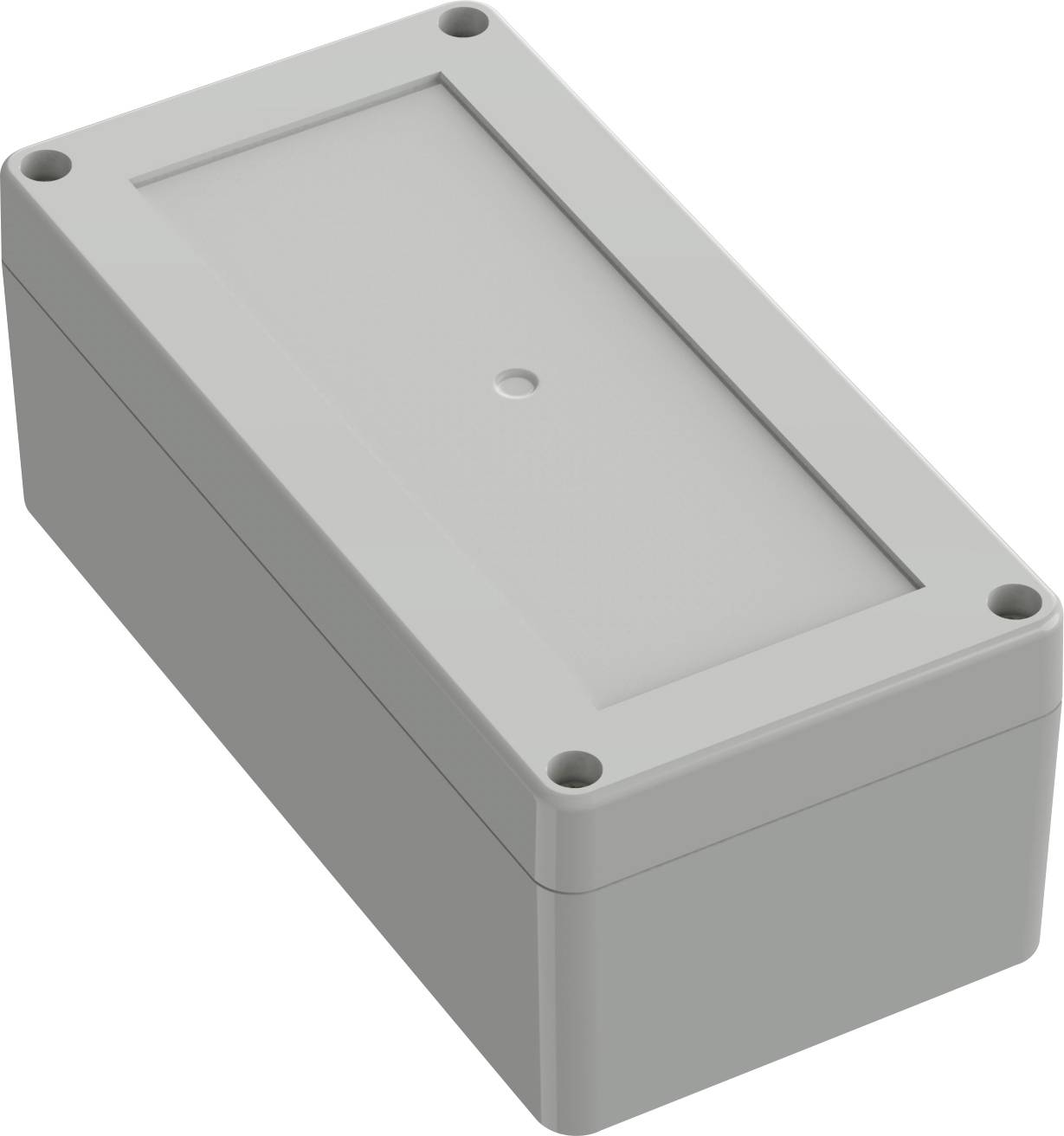 A rectangular, gray plastic enclosure with four corner holes, likely used for housing electronic components.