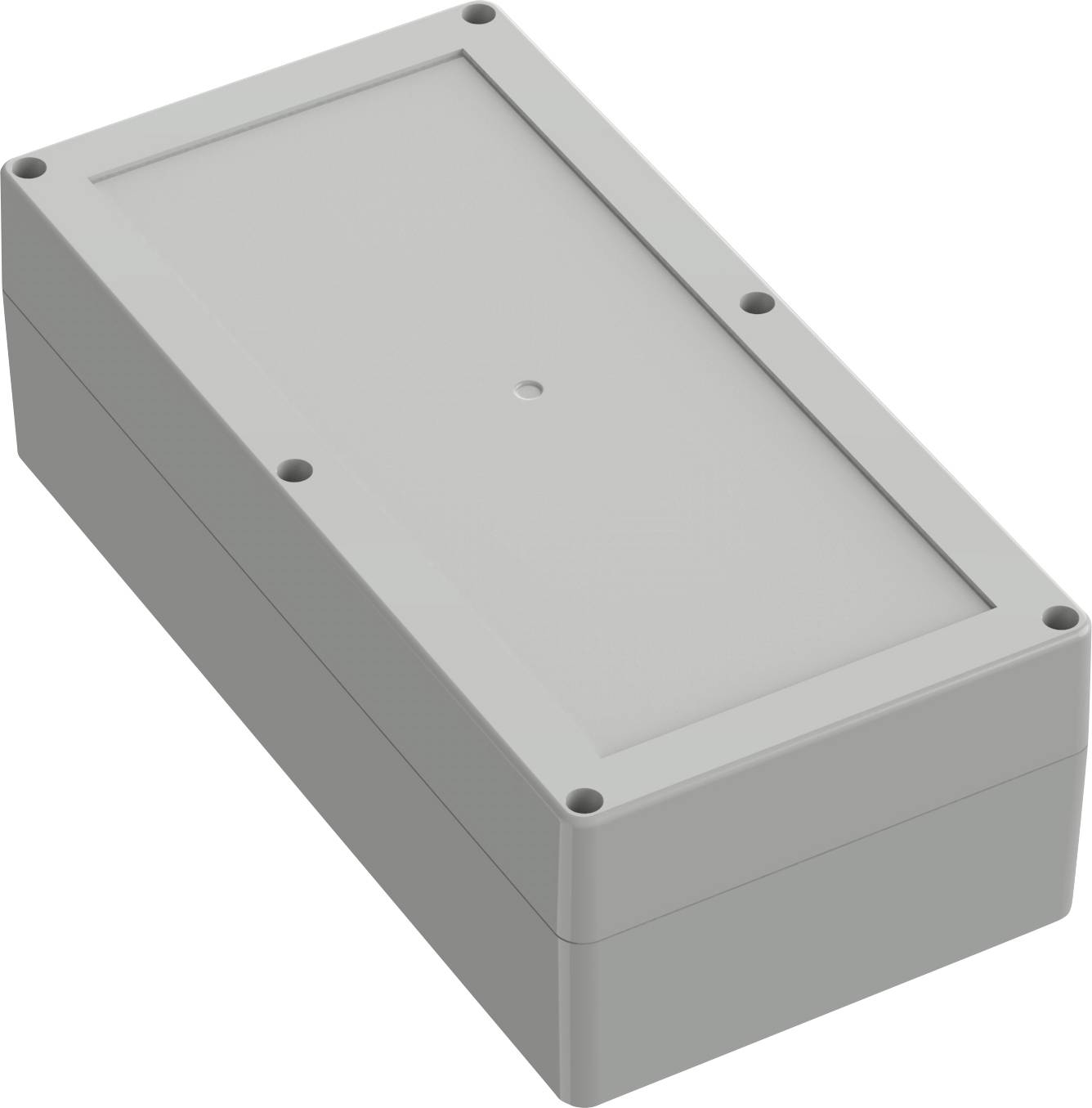 A rectangular, gray plastic enclosure with screw holes at the corners, commonly used for housing electronic components.
