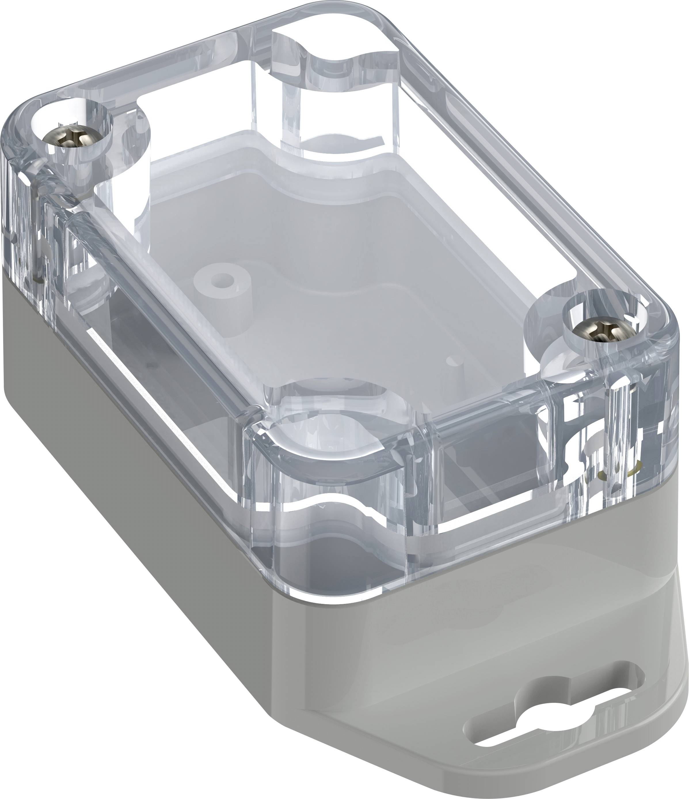 Transparent plastic electronic enclosure with visible screws, suitable for protecting small devices, featuring a mounting slot at the base.