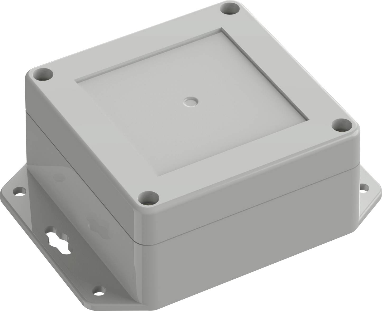 A gray, square, plastic enclosure with a flat top and four screws at each corner, likely used for housing electrical components.