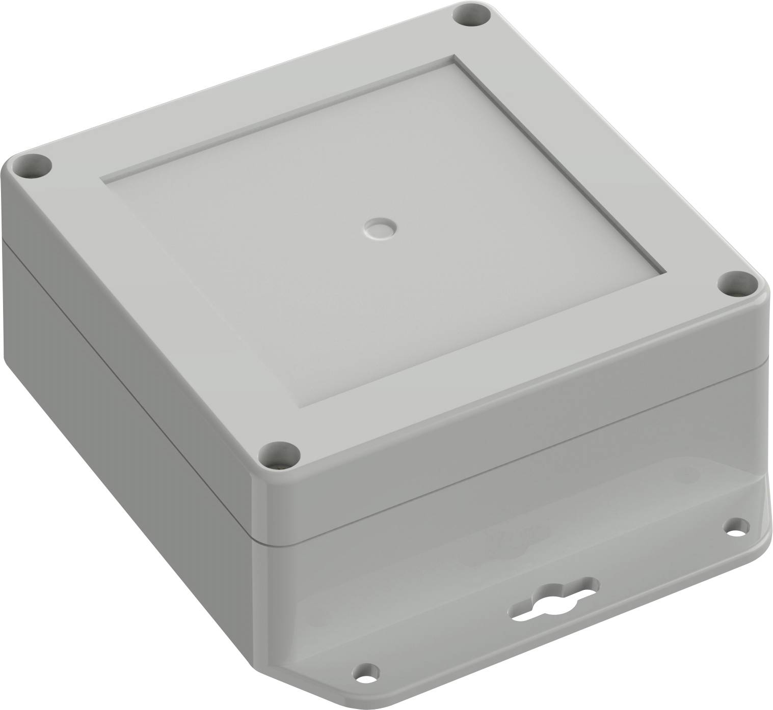 A square, gray, plastic enclosure box with a flat top and rounded corners, featuring screws in each corner and a small center hole.