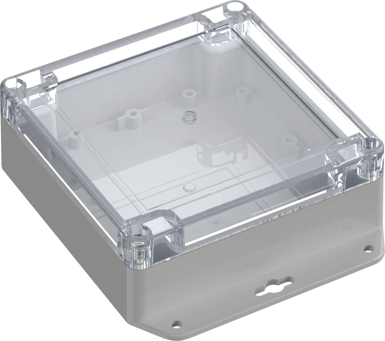 A transparent plastic electronics enclosure with a hinged lid, showing mounting points inside. It is rectangular with a gray base.