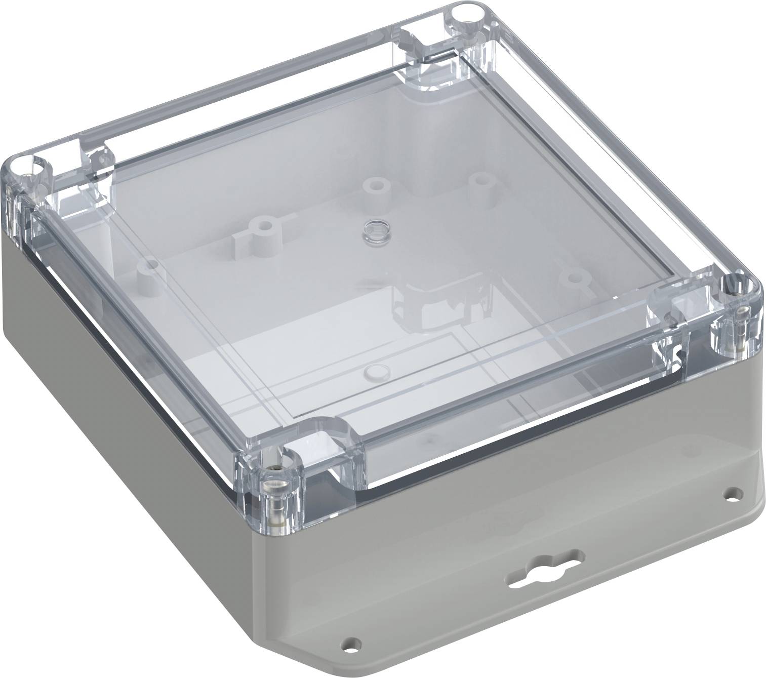 A rectangular, transparent plastic enclosure with a gray base, often used for housing electronic components or wiring.