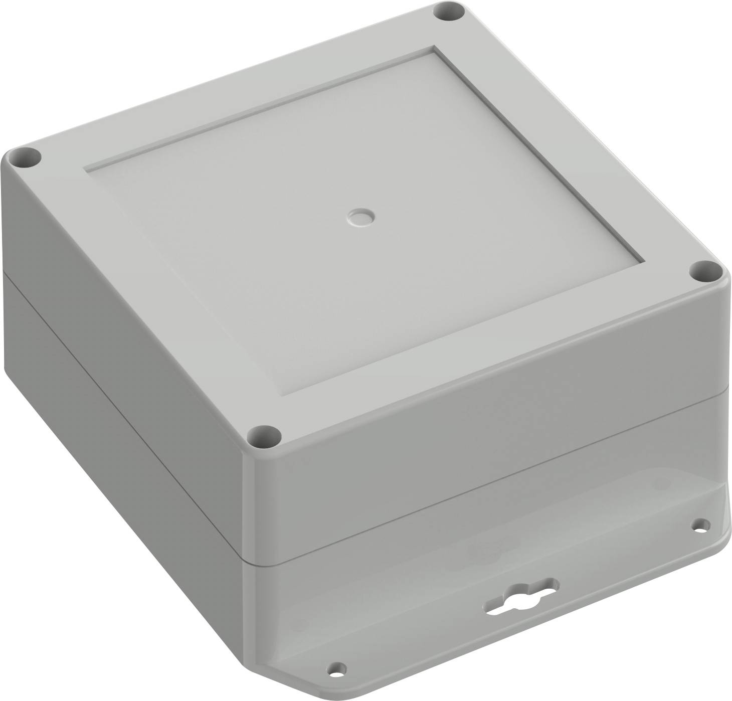 A small, gray, rectangular plastic enclosure with a mounting hole on one side and screw holes at each corner, designed for housing electronics.