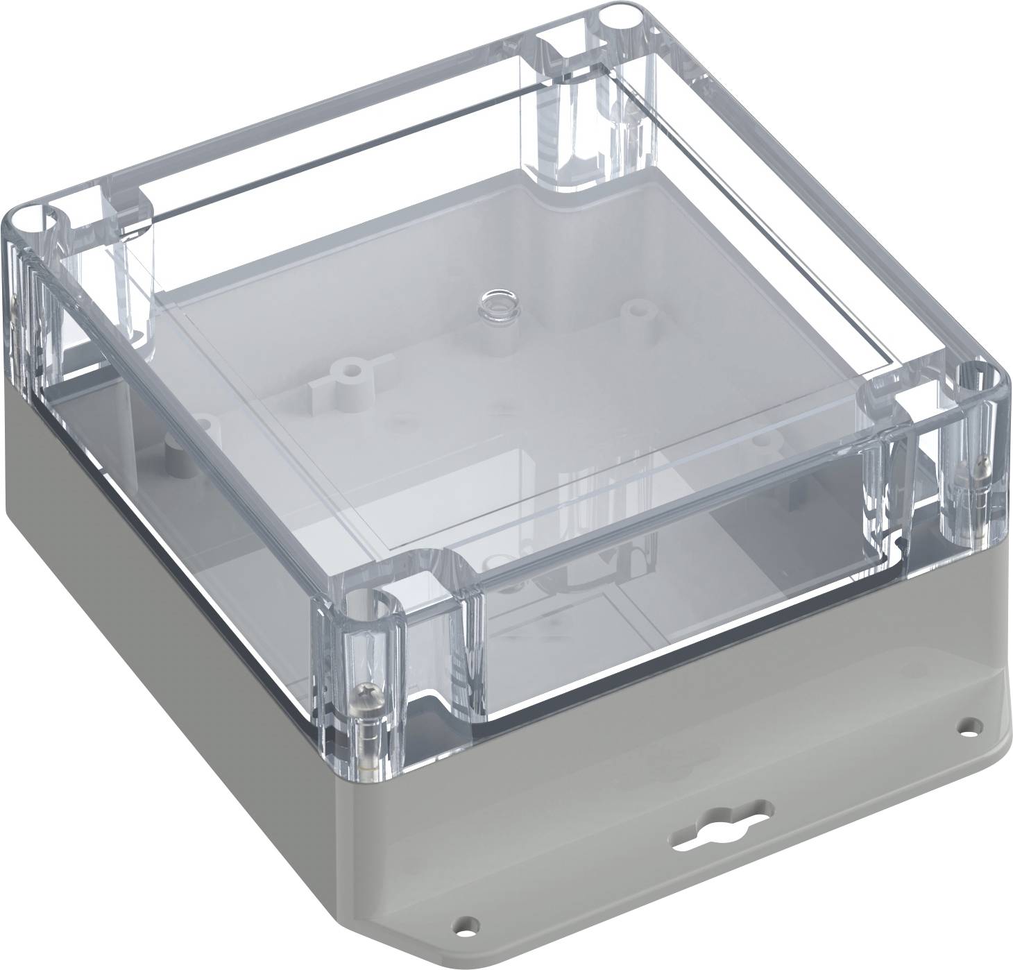 A plastic electrical junction box with a transparent cover and mounting holes, designed for protecting and organizing electrical connections.