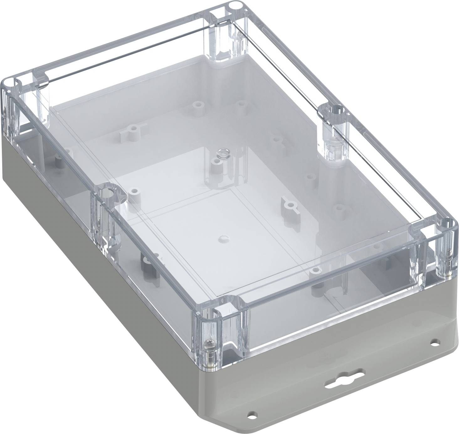 A transparent electrical junction box with a clear lid and a white base, showcasing internal mounting points and designed for wall installation.