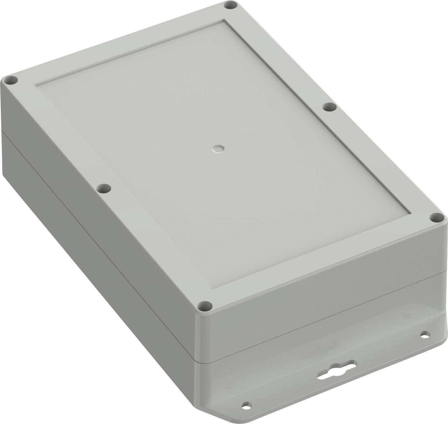 A rectangular, light gray, wall-mounted plastic enclosure with a secure lid, six screw holes, and a small central hole for wiring.