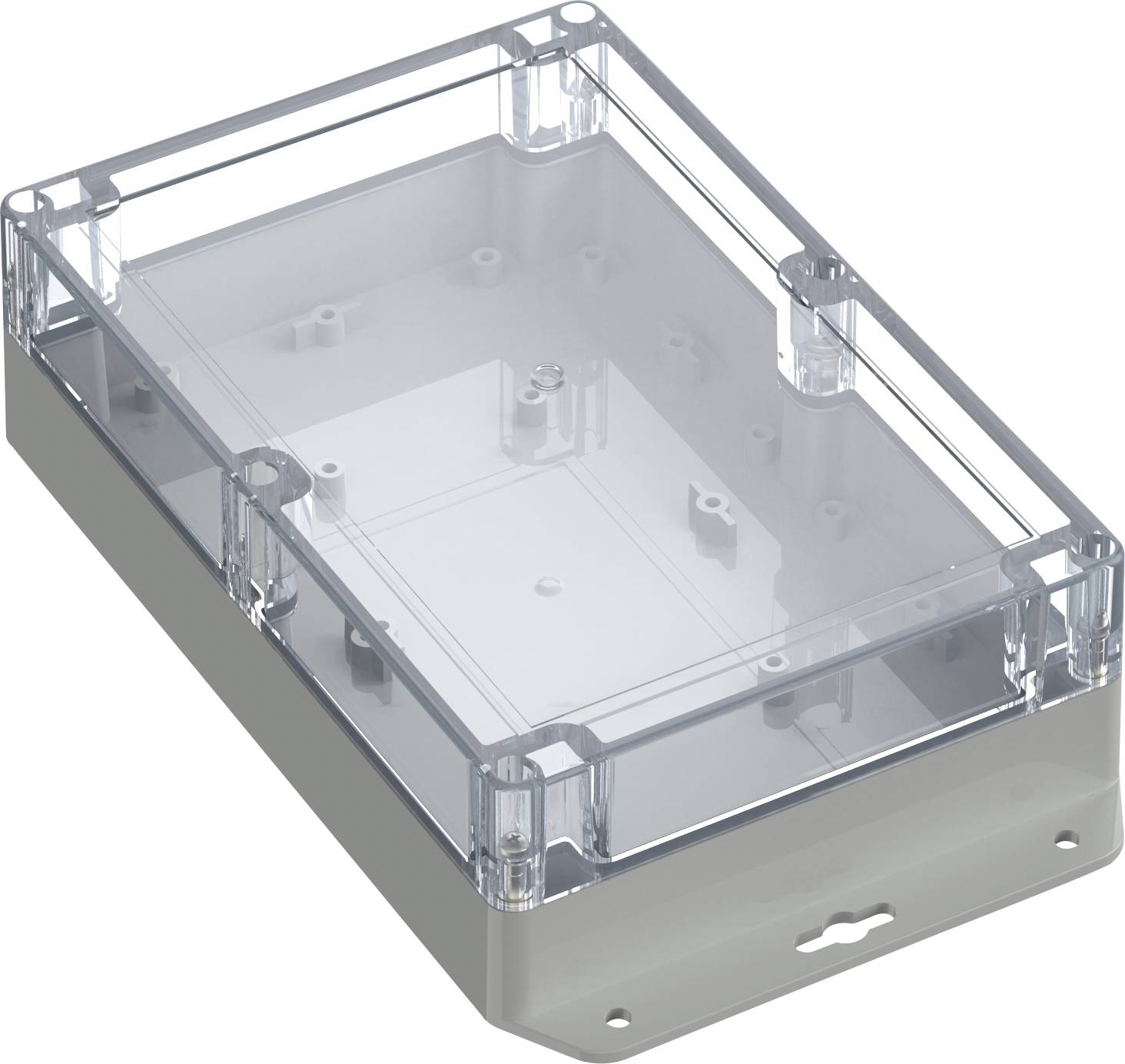 Clear plastic enclosure with rectangular shape and a hinged, transparent lid. It is used for housing electronic components.