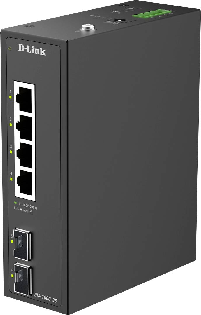 A black D-Link DIS-100G-6S industrial Ethernet switch with four network ports and two SFP slots, used for robust network connections.