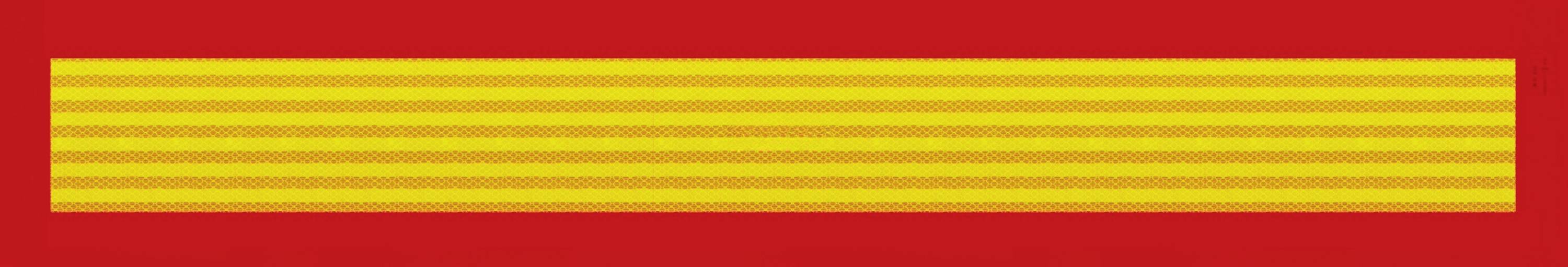 A series of seven horizontal yellow stripes on a red background, resembling a flag.